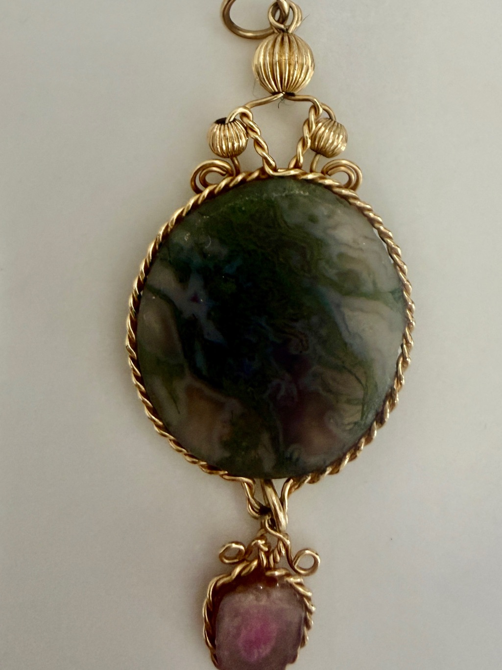 Artisan 14kt Wrapped Green Tourmaline W/Watermelon Tourmaline Drop Pendant.